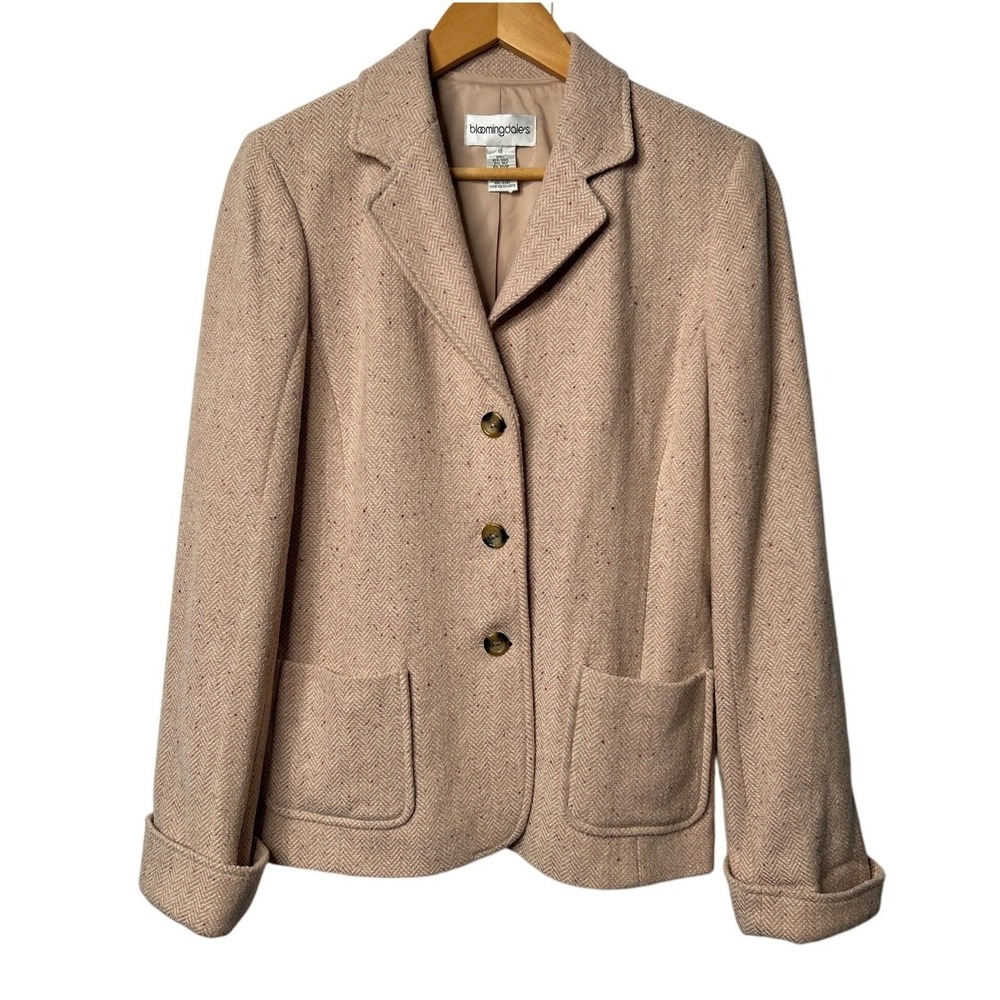 Vtg Bloomingdale's Herringbone Speckled Tweed Blazer 12 Blush Pink Wool Silk Y2K